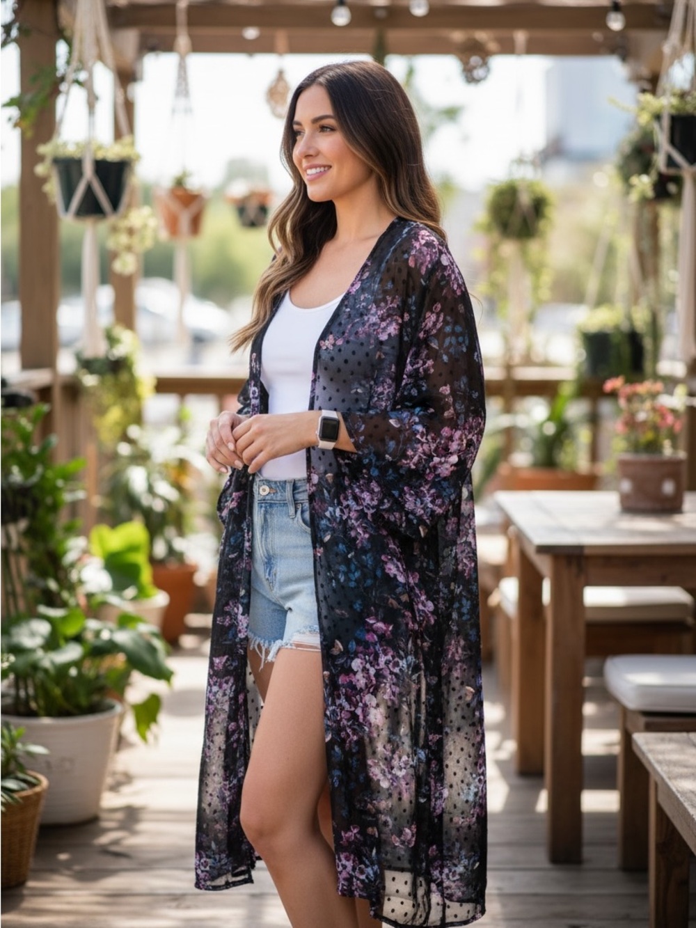 torrid Black Sheer Floral Kimono with Purple & Pink Accents